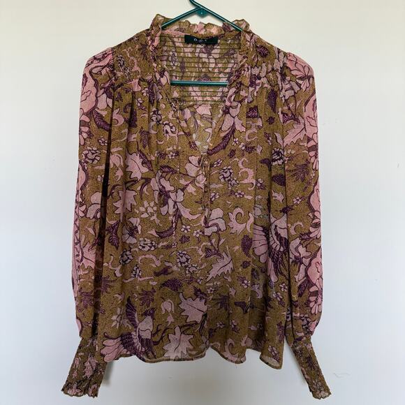 O.P.T One Pretty Time Womens Top L Smocked Peasant Praire Peasant Boho Cottage - Picture 2 of 8